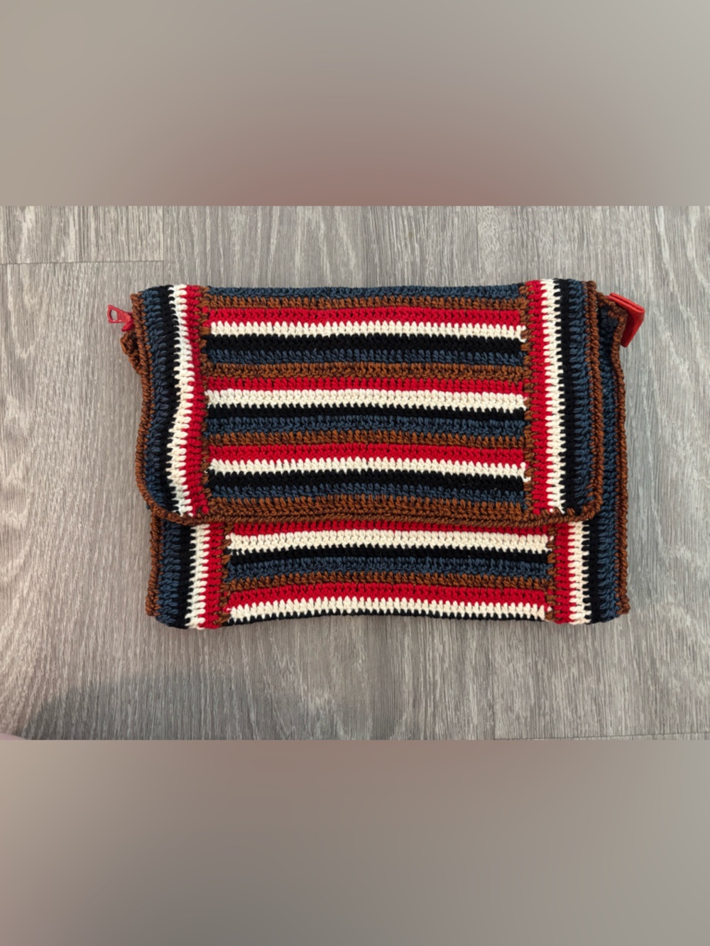 Rachel Comey Striped Crochet Clutch in Navy, Red, Cream & Brown Tones